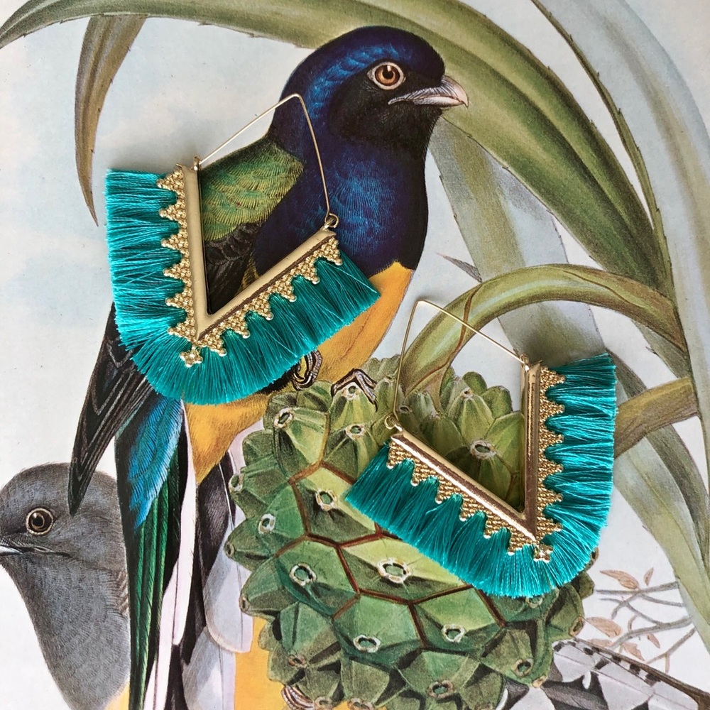 Teal Tassel Fringe Earrings - Picture 2 of 3